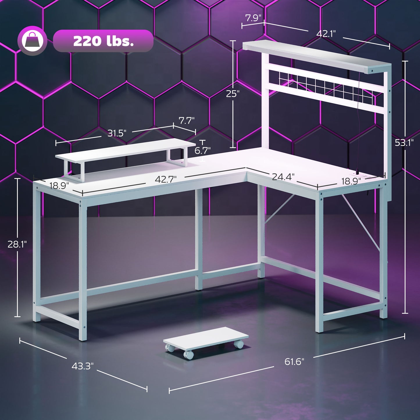 61.6 L Shaped Gaming Desk With Power Outlets & LED Lights, Computer Desk With Monitor Stand And CPU Shelf, White