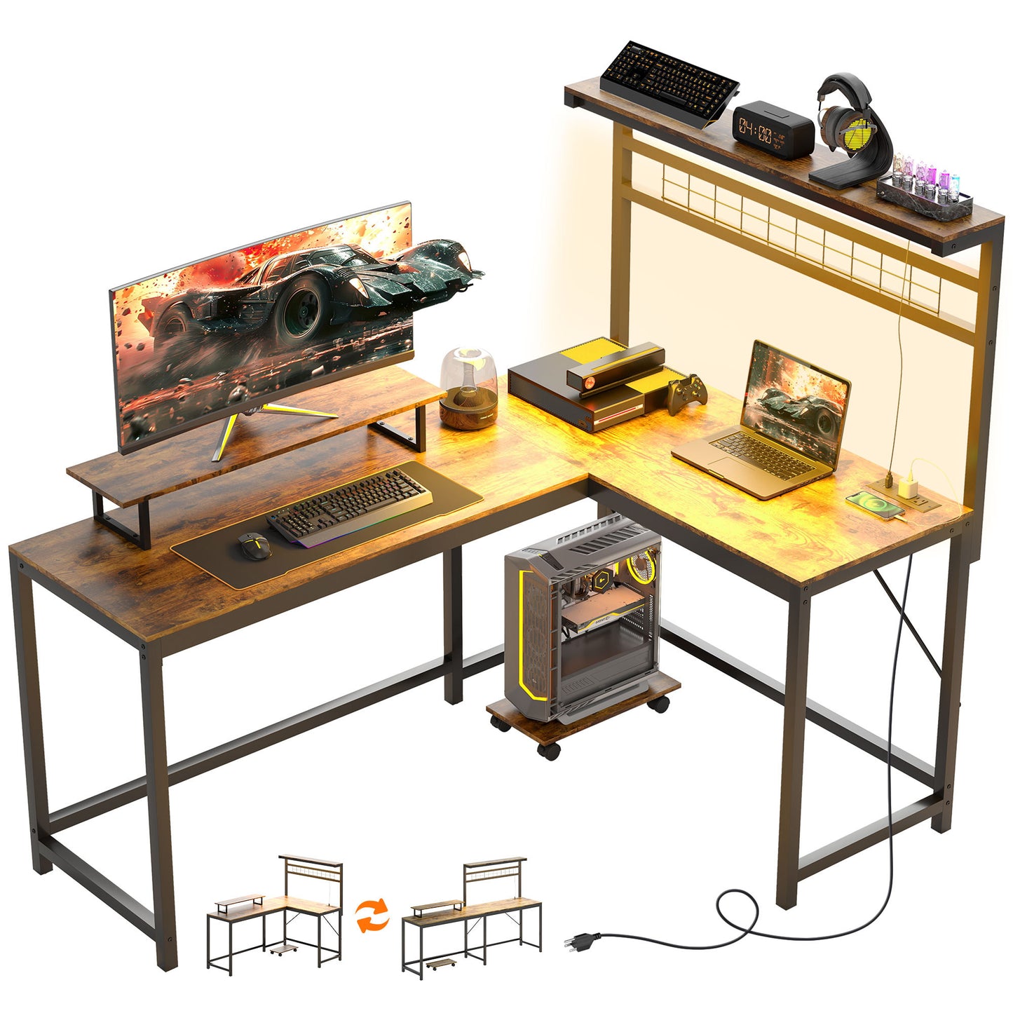 L-Shaped Gaming Desk with RGB Lights, Power Outlets & Monitor Stand – Rustic Brown
