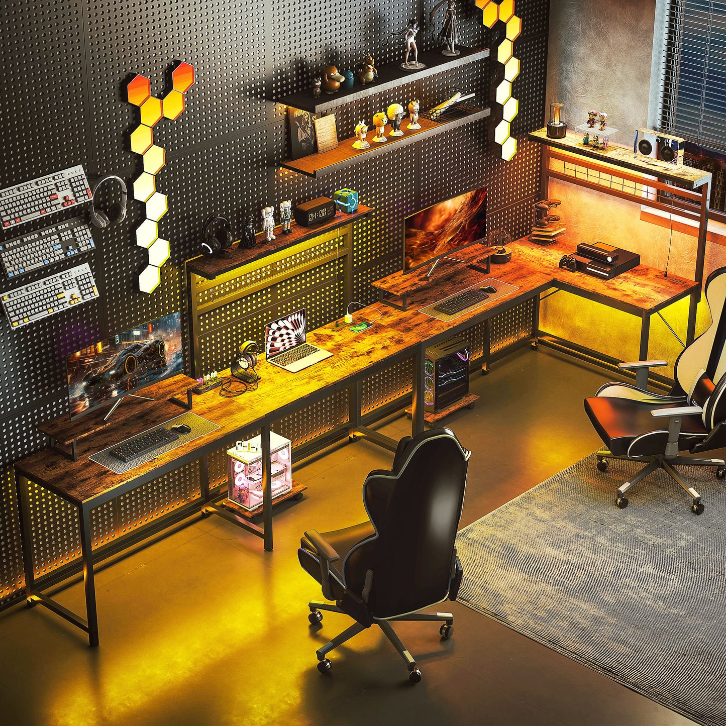 L-Shaped Gaming Desk with RGB Lights, Power Outlets & Monitor Stand – Rustic Brown