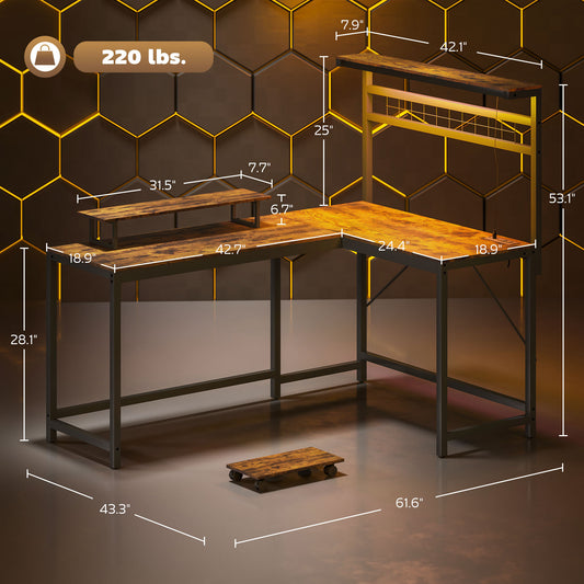 L-Shaped Gaming Desk with RGB Lights, Power Outlets & Monitor Stand – Rustic Brown
