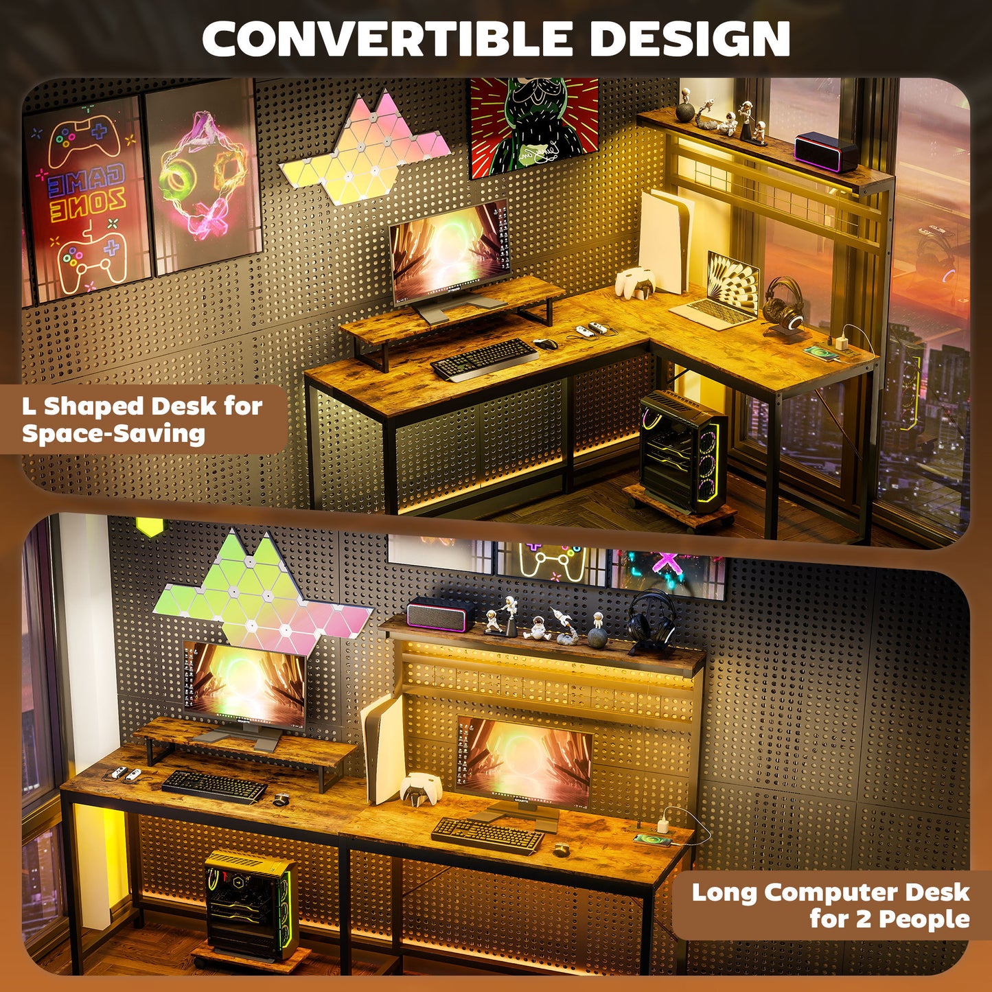 L-Shaped Gaming Desk with RGB Lights, Power Outlets & Monitor Stand – Rustic Brown